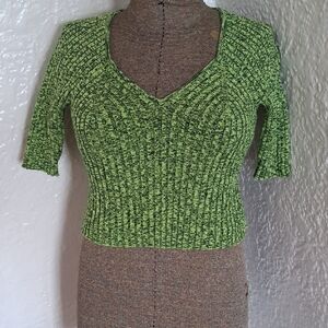 Green Ribbed V-Neck Knit Crop Top